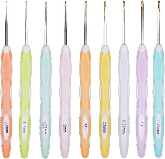 Ergonomische Haaknaalden Set van 9 Stuks, Ideaal voor Haken, Kanten en Breien, Maten 0.8-2.75mm met Zachte Grip voor Gewrichtspijn