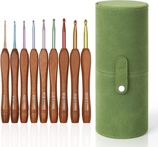Ergonomische Haaknaalden Set van 9 Stuks met Houten Handvat en Kleurige Aluminium Kop voor Beginners en Mensen met Artritis, Inclusief Groene Opbergdoos van Merkloos