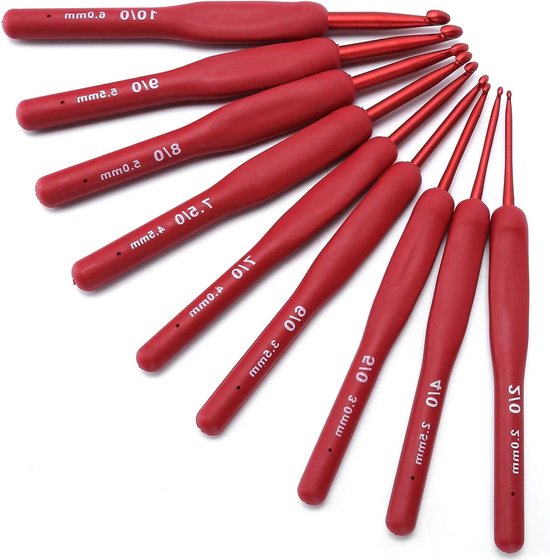 Ergonomische Haaknaalden Set van 9 Stuks met Rood Handvat voor Breien, Haken en Naaiwerk Accessories van Merkloos
