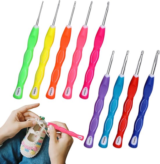 Ergonomische Haaknaalden Set van 9 Stuks van Aluminium met Zachte Handgreep 2mm-6mm voor Beginners en Ervaren Haakliefhebbers, Kleurige Haaknaalden voor Creatief Haken