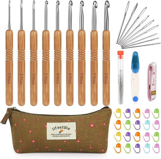 Ergonomische Haaknaalden Set van Hout voor Beginners en Professionals, Inclusief Tas en Accessoires, 2-6 mm, Lichtgewicht Bamboo Haaknaalden voor Artrose en Comfortabel Haken