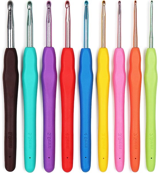 Ergonomische Haaknaalden Set voor Artritis, 9-delige Kleurige Aluminium Haaknaalden met Zachte Grip, Ideaal voor Beginners en Gevorderden