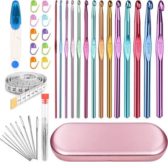 Ergonomische Haaknaalden Set voor Beginners met 14 Kleurrijke Aluminium Haaknaalden in Koffer, Ideaal voor Artritis en Creatief Haken van Merkloos