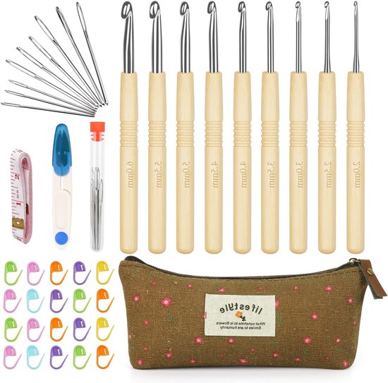 Ergonomische Haaknaalden Set voor Beginners met Bamboe Handvat, Inclusief Draagtas en Accessoires, Geschikt voor Artrose, 2-6 mm, Lichtgewicht en Comfortabel voor Haken van Merkloos