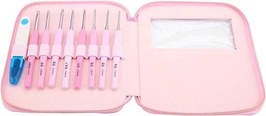 Ergonomische haaknaaldenset met kleurverloop, inclusief schaar en PU tas, 9-delig, maten 2.5 mm tot 6 mm, ideaal voor haken en handwerken van Merkloos