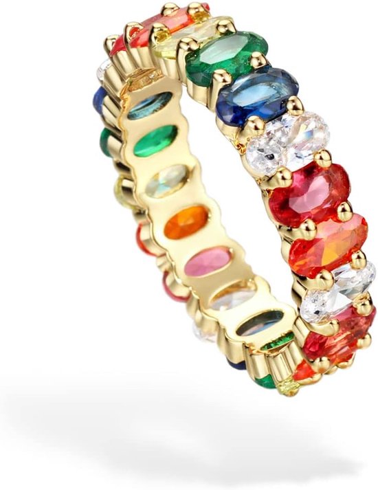 Eternity Rainbow Ring Band Ring voor Dames Meisjes 18K Vergulde Ovale Veelkleurige Zirconia Eternity Ring