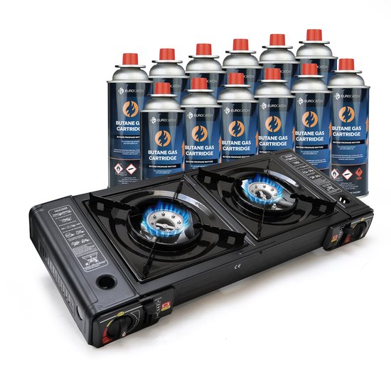 Eurocatch 2 pits Kooktoestel op Gas - incl 12 Butaan Gasbussen - Gas Stove - Camping Kooktoestel - Gaspit - Gasfornuis - Gasstel - Cooker van Eurocatch