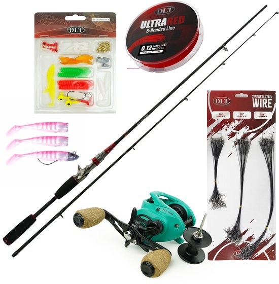 Eurocatch Baitcaster set Deluxe - Baitcasterhengel & Baitcasterreel - Gevlochten lijn - Sofbait kit - Staaldraadjes van Merkloos