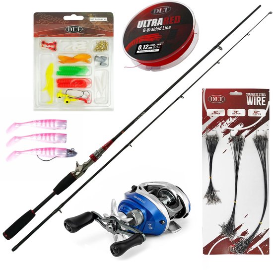 Eurocatch Baitcaster set Deluxe - Baitcasterhengel & Baitcasterreel - Gevlochten lijn - Sofbait kit - Staaldraadjes