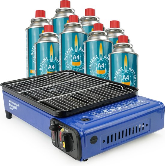 Eurocatch Butaangas Camping Grill - Evergrill incl 8 Gasbussen - Gas Barbecue - Camping Kooktoestel - Tafelgrill - Tafelbarbecue van Eurocatch