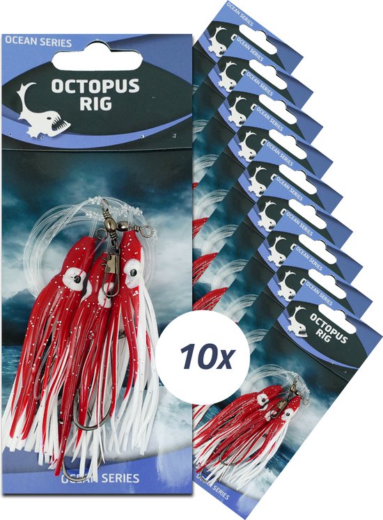 Eurocatch Octopus Onderlijnen - 3-Haken - Rood/Wit - 10 stuks - Wrakvissen - Kabeljauw - Zeevissen - Kabeljauw van Merkloos