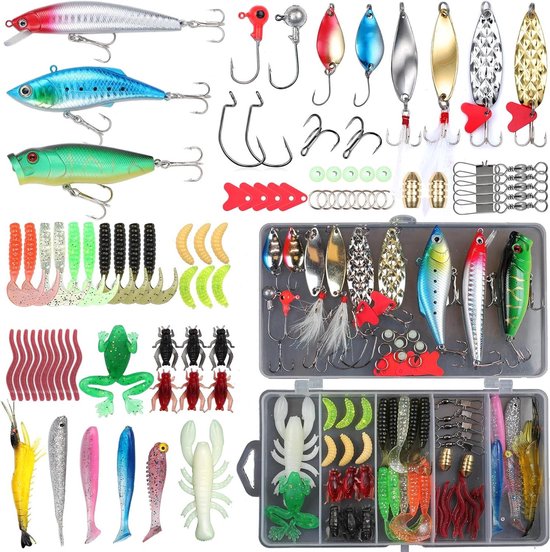 EXAURAFELIS Fish lure set fish lure kit for bass trout salmon freshwater fishing tackle kit including plastic shrimp worm bait spoon grasshopper crankbait jigs hooks fishing gear and equipment