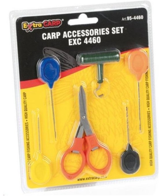 EXC Carp Accessoires Set - 6-delig - met Boilienaalden, Vouwschaar, Boilieboor & Knot Puller - Karper vissen Rigmateriaal - Baiting Needle - Boilienaald van Merkloos