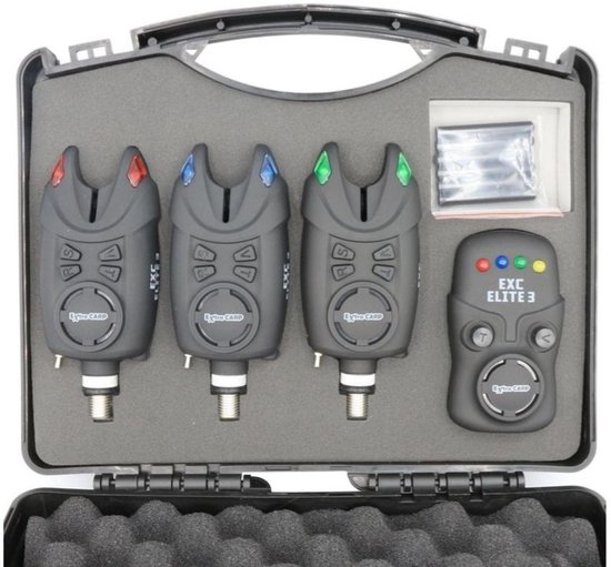 EXC ELITE 3 Bite Alarm Set - 3+1 Beetmelder set voor Karpervissen - Inclusief Ontvanger en schroefbare Snag Ears van Merkloos