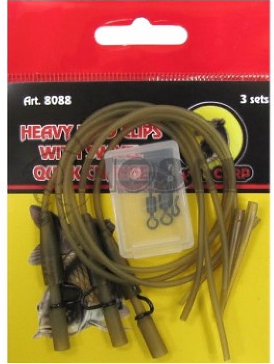 EXC Heavy Lead Clips & Q.C. Swivel - 3 sets - 30cm - Visveilig Vastlood Systeem - Karper Vissen Onderlijn - Loodclips met Swivels - Met Anti-Tangle Sleeves, Swivels, Rig Tube en Loodclips van Merkloos
