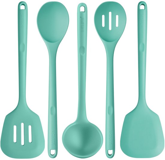 Extra lange siliconen keukengerei: 5 stuks 230℃ Hittebestendig Food Grade kookgereedschap Anti-aanbak rubberen spatel Turner lepelset voor mengen Serveren Frituren Roeren (Aqua Sky)