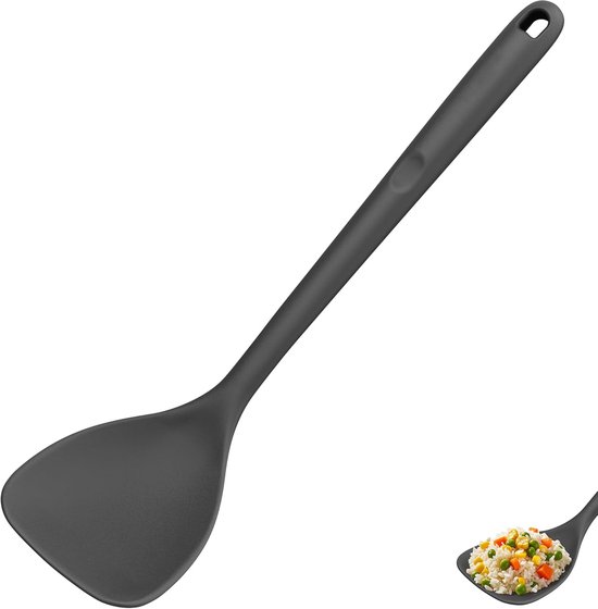 Extra Lange Siliconen Wokspatel: 315℃ Hittebestendige antiaanbakspatel met brede lepelkop en gebogen randen, naadloos, stevig keukenhulpmiddel voor roerbakken, omdraaien en grillen (Zwart)