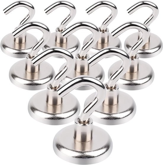Extra sterke magnetische haken 38 kg - Neodymium haken voor ijzeren deuren, koelkast en camping - Set van 10 grote haken voor kleding en kantoorgebruik