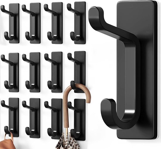 Extra Sterke Zelfklevende Haken voor Wand en Deur, Tot 6kg, Ideaal voor Handdoeken, Jassen en Hoeden, Zwart, 12 Stuks van Merkloos