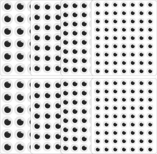 Eyes Zelfklevende stickers voor ambachten, kleine googly ogen in verschillende maten, 8 mm, 10 mm, 12 mm, 15 mm, kleverige wiebelogen voor kunst- en knutselbenodigdheden (8 vellen)