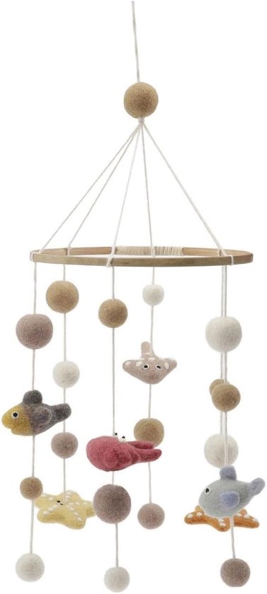 & Fairtrade gecertificeerd | Gry & Sif | Stijlvol Deens design x Nepalese ambachtsman | Mobiele baby met zeedieren, vilten vis voor babybed, boxbox, commode, babykamer