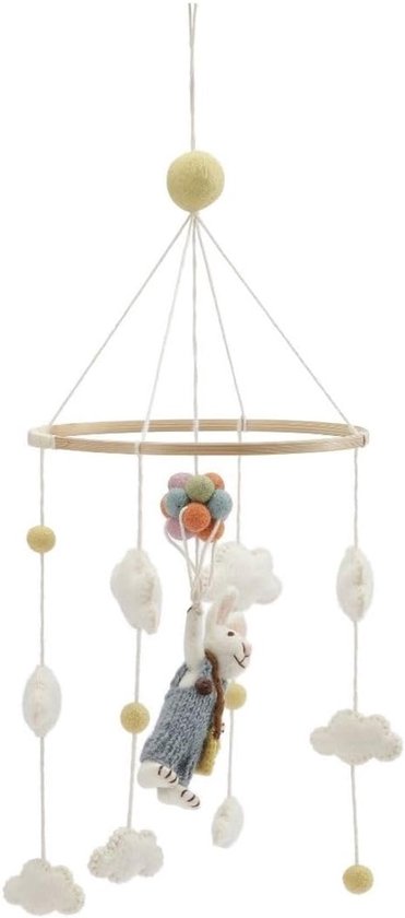 & Fairtrade gecertificeerd | Gry & Sif | Stijlvol Deens design x Nepali ambachtsman | Mobiele baby met haas met ballon van vilt voor babybed box commode babykamer