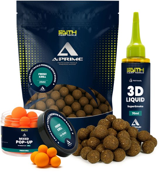 Faith A-Prime Boilie combi deal Fresh Krill - Boilies - Karpervissen - Karper aas - Pop ups - Liquid bait Smoke van Merkloos