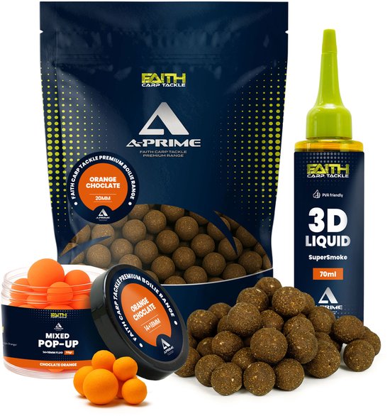 Faith A-Prime Boilie combi deal Orange/Choclate - Boilies - Karpervissen - Karper aas - Pop ups - Liquid bait Smoke van Merkloos