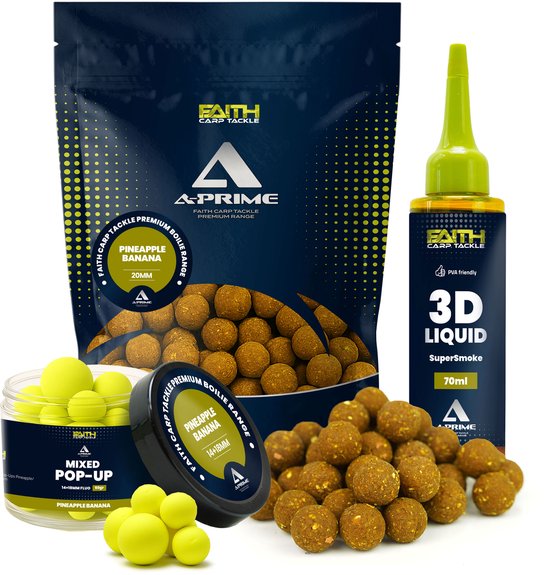 Faith A-Prime Boilie combi deal Pineapple/Banana - Boilies - Karpervissen - Karper aas - Pop ups - Liquid bait Smoke van Merkloos