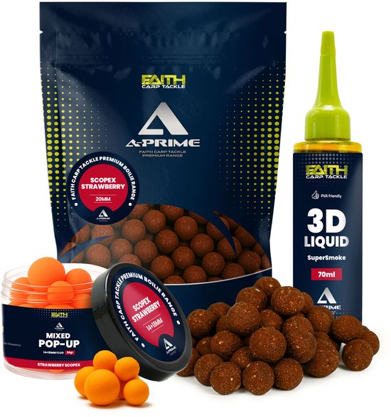 Faith A-Prime Boilie combi deal Strawberry/Scopex - Boilies - Karpervissen - Karper aas - Pop ups - Liquid bait Smoke van Merkloos