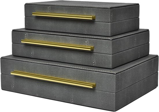 Faux Shagreen Lederen Decoratieve Sieraden Opslag Nesting Organizer Dozen met Deksels Gouden Handvat Set van 3, Grijs