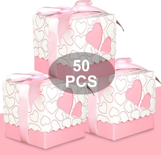 Favour Heart Box voor amandelen met suikercoating, cadeauverpakking met satijnen lint 50 stuks (roze)