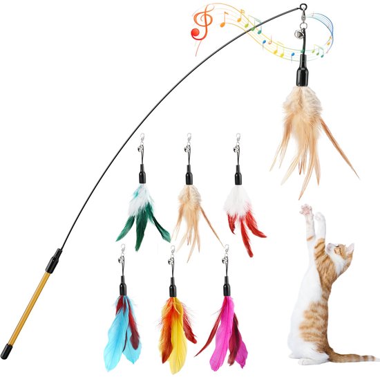 Feather Teaser Cat Toy, Interactive Wands Cats Toy Flying Feathers Cat Catcher with Extra Long 34.5" Wand and Small Bell, Playing Toys, 1 Wand + 6 Feathers, Multi-Color Feather Blend
