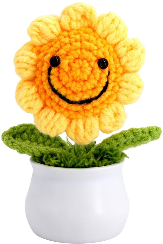 Feel-good decoratie voor jezelf of als cadeau - handgemaakte gehaakte bloem - zonnebloem met smiley-gezicht - incl. bloempot - cadeau-idee