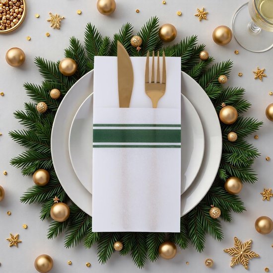Feel Pocket Servetten - 40 x 40 cm (15,7 x 15,7) Voorgevouwen Servetten - Wit & Groen - voor Bruiloft, Kerstmis, Party Tafeldecoraties