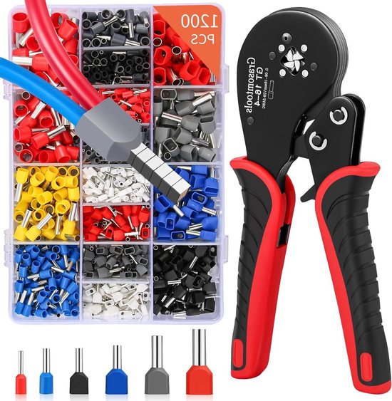 Ferrule Crimping Tool Set Double and Single Cord-End Connectors GT16-4 Quadrangular Ratchet Jaw Wire Crimping Pliers (0.08-16mm²) with 1200Pcs Connection Sleeves - for Grasomtools van Merkloos