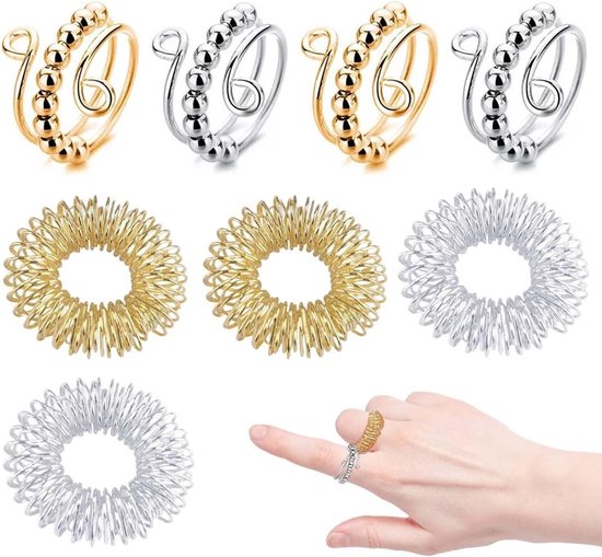 Fidget ring, anti-stress ring, angst spinning met parels, antistress ring voor dames, spinner, open spinner, vrouwen, angst stressring, angst stressring, 8 stuks