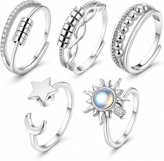 Fidget Ring Set 5 Stuks, Verstelbare Anxiety Ring voor Dames en Heren Zilveren Anti Stress Draairingen met Ster Maan Zon Kralen Spinning Ringen Cadeau