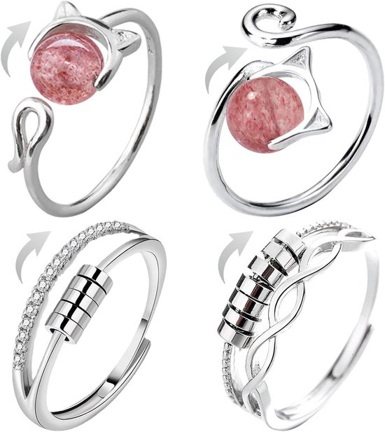 Fidget spinning Rings mood-ring, 4 stuks anti-stress-ringen, verstelbare stemmingsringen, roterende kattenring, ontspanningskralen, kalmeringsringen, cadeaus voor vrouwen en mannen