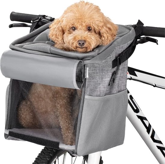 Fietsmand Hond – Hondenmand Fiets Met Schouderband – Fietsmand Hond Voorop – Fietstas Hond Eenvoudig te Installeren – Stuurtas – Grijs - 27 x 27 x 31 cm van Wooffix