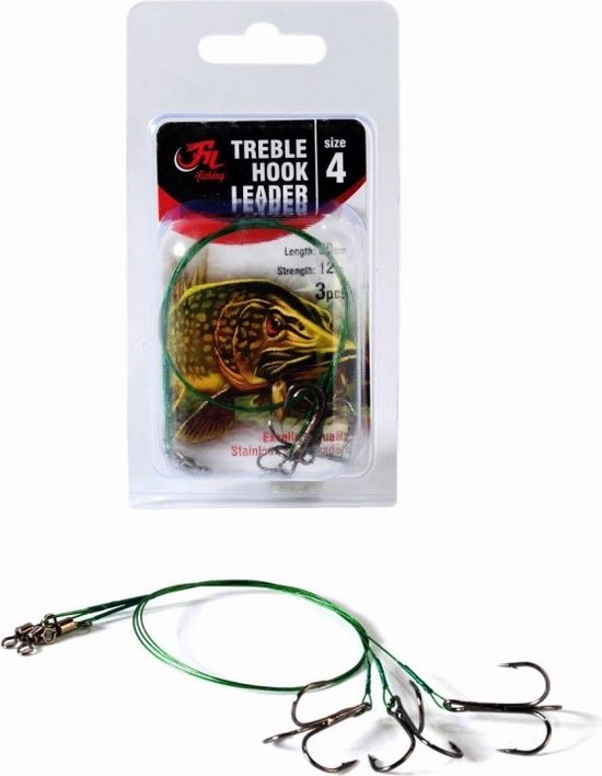 Fil Fishing Treble Hook Leader - Size #2 - 3 stuks - 30cm - 15kg - Roofvis Stalen Onderlijn met Dreg van Fil Fishing