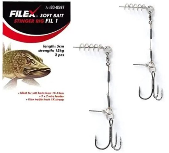 Filex Soft Bait Stinger Rig 'FIL1' - 2 stuks - enkele Dreghaak maat #2 - 5cm - 15kg - Speciaal voor Softbaits van 10-15cm - Roofvissen Onderlijn van Filex