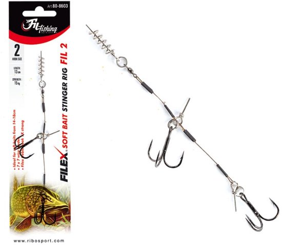 Filex Soft Bait Stinger Rig 'FIL2' - Dubbele Dreghaak maat #2 - 13cm - 15kg - Speciaal voor Softbaits van 14-18cm - Roofvissen Onderlijn van Merkloos