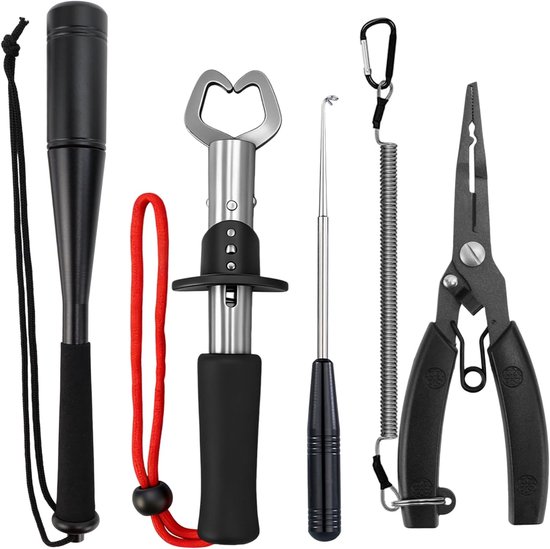 Fish Killer Fishing Pliers, Hook Remover, Fish Lip Tongs, 4 Piece Fishing Accessories Set with Lanyard, Aluminum - ShopVlot