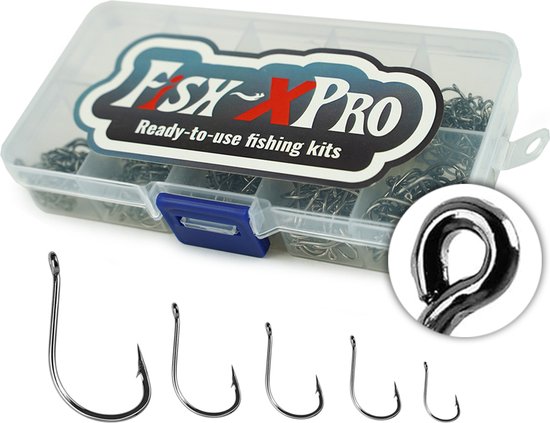 Fish-Xpro 500-delige Hakenset - maten 3 t/m 12 - Vishaakjes met oog - In tacklebox van Fish-Xpro