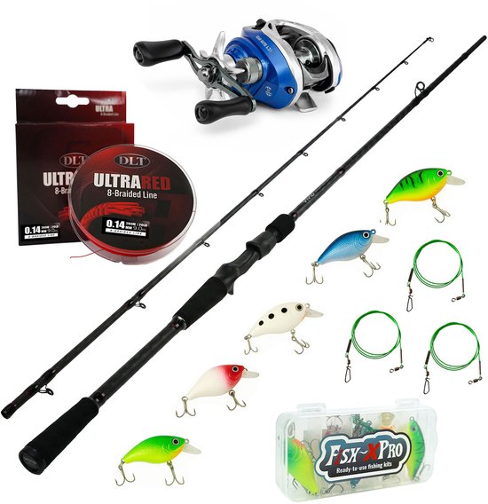 Fish-Xpro Baitcasterset Compleet – Carbon Baitcasthengel + Baitcasting Reel + Predator Landings Set + Kunstaas Set