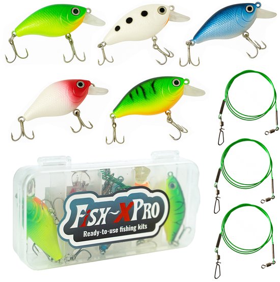 Fish-Xpro Fishinglure set - 5delig - Kunstaas set - Pluggen - Dreggen - incl. Stalen Onderlijnen - Tacklebox- Roofvissen - Snoek Baars van Merkloos