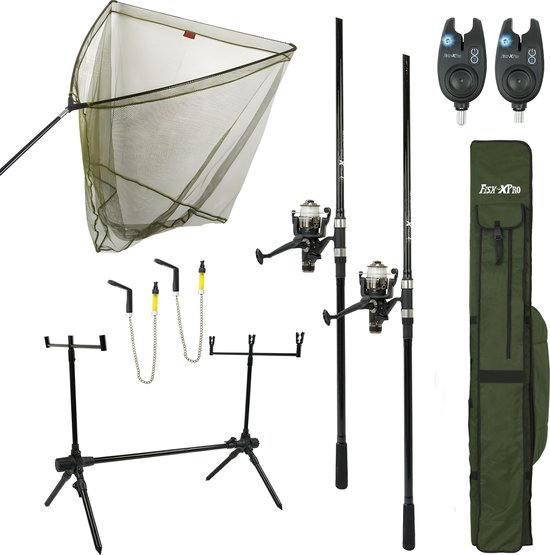 FISH XPRO - Karperset -Improve Deluxe - 2 Hengels compleet - Karpernet - Rodpod -Beetmelders van Merkloos