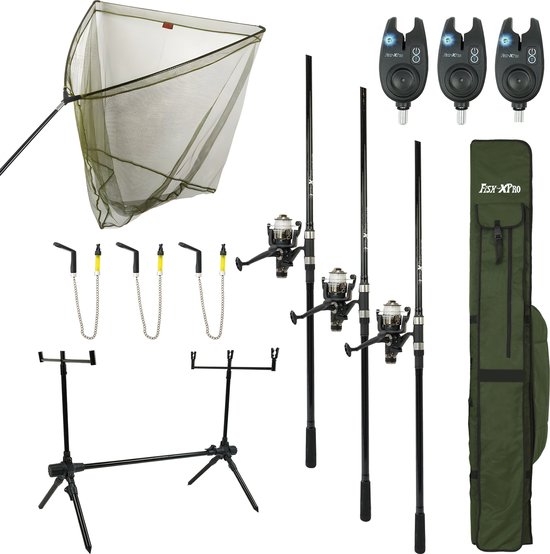 FISH XPRO - Karperset -Improve Deluxe - 3 Hengels compleet - Karpernet - Rodpod -Beetmelders van Merkloos