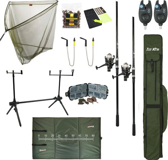 Fish-Xpro Karperset - Improve Mega - Karpervissen - 2 Hengels - 2 Molens - Schepnet - Onthaakmat - Rodpod - Beetmelders van Merkloos